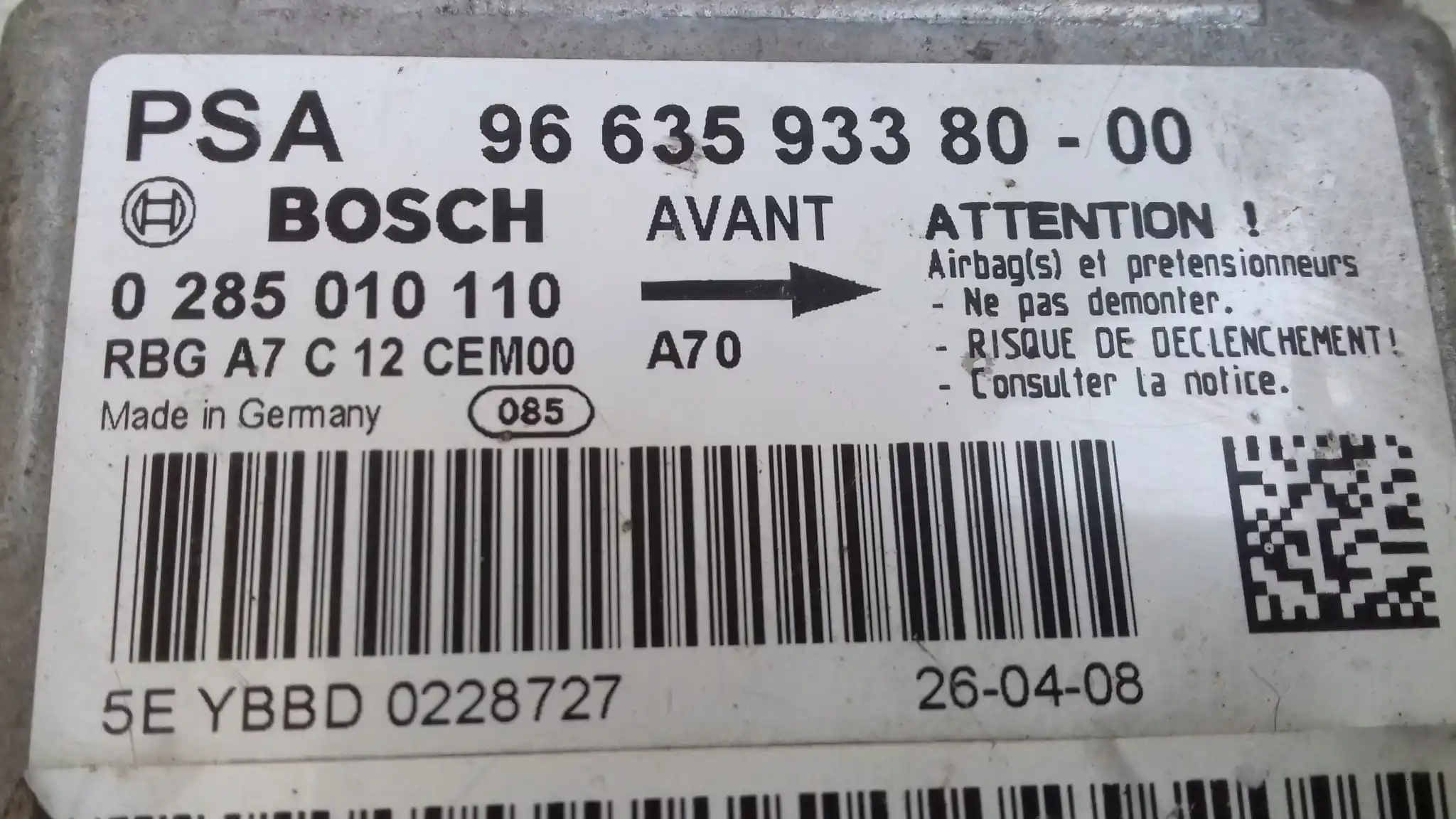 MODUŁ AIRBAG 9663593380 0285010110 PEUGEOT 207 06-